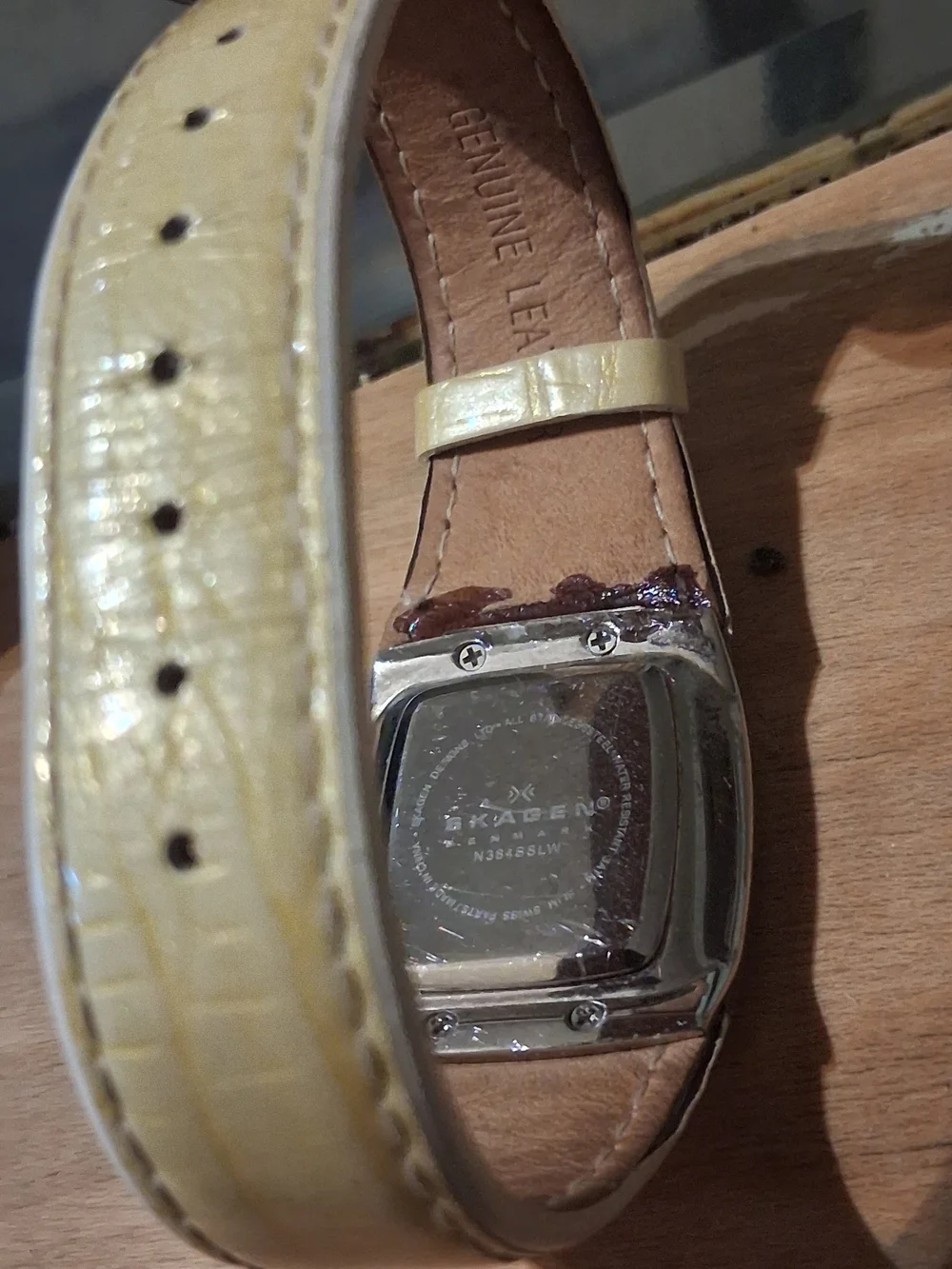 Skagen Silver Crystal-Trim Rectangular Watch with Cream Strap